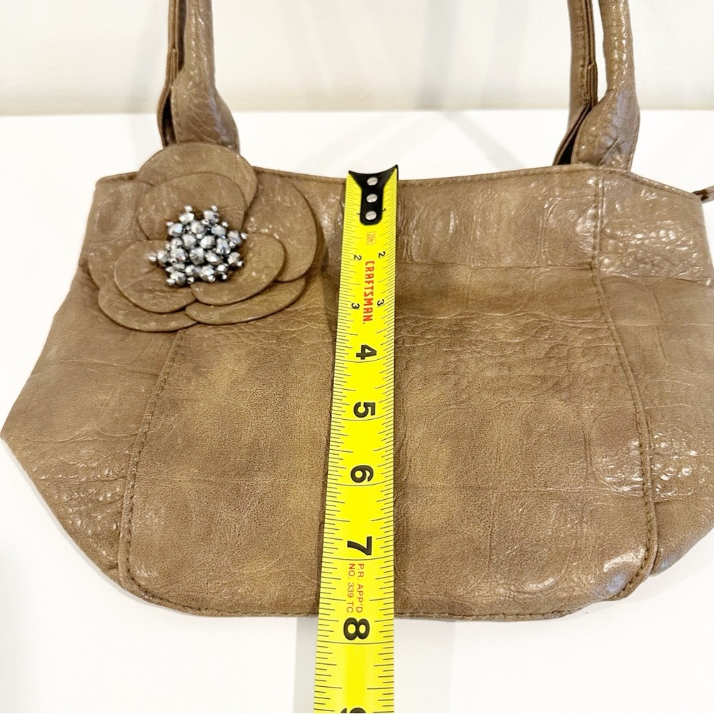 Elegant Tan Flower Crinkle Zipper Small Tote Handbag with Floral Accent - Picture 3 of 10